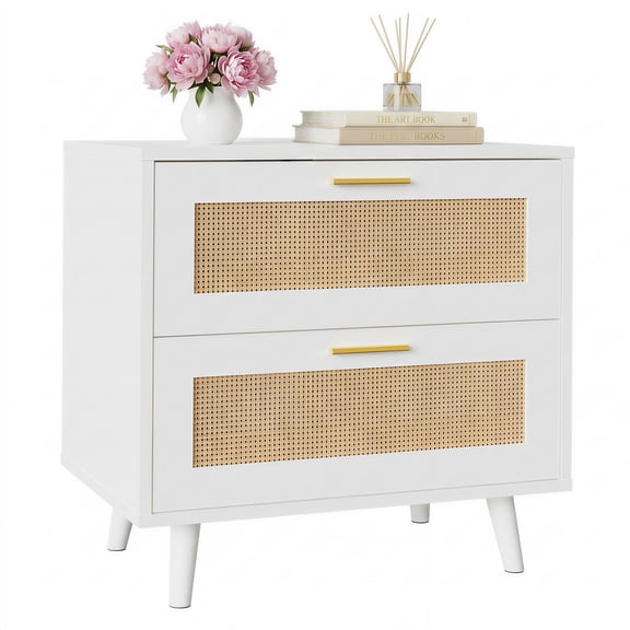 Boho Rattan Nightstand with Charging Station,2 Drawers Open Shelf Cane Wicker Bedside Table, Mid Century Wood End Side Table for Bedroom Living Room 23.6 Inch