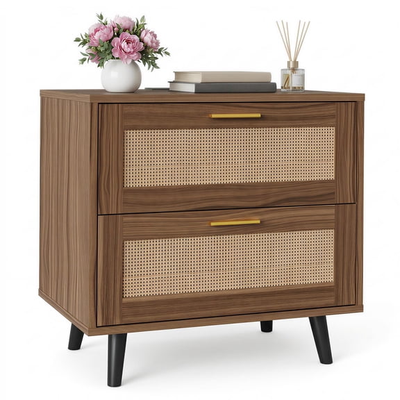 Boho Rattan Nightstand with Charging Station,2 Drawers Open Shelf Cane Wicker Bedside Table, Mid Century Wood End Side Table for Bedroom Living Room 23.6 Inch