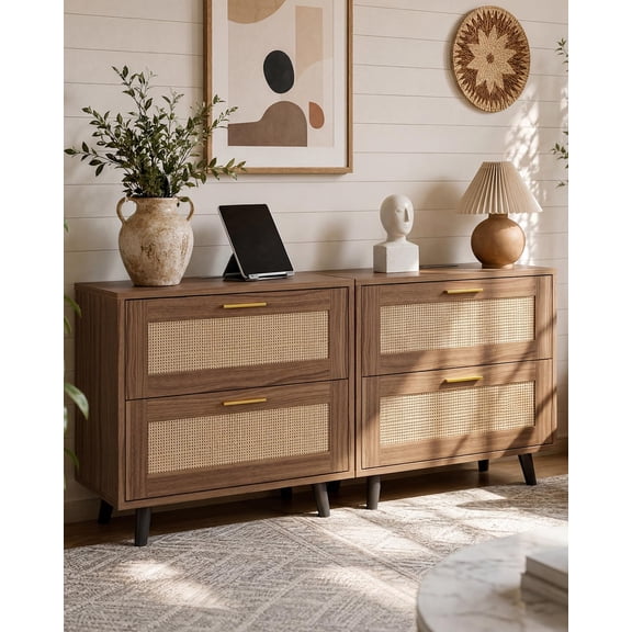 Boho Rattan Nightstand Set of 2 with Charging Station,2 Drawers Open Shelf Cane Wicker Bedside Table, Mid Century Wood End Side Table for Bedroom Living Room 23.6 Inch