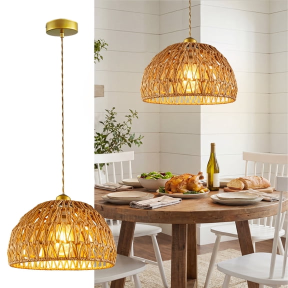 Boho Rattan Pendant Light, 11.6" Hand-Woven Hemp Rope Pendant Lamp for Kitchen Island, Coastal Wicker Hanging Light Fixture for Dining Room Living Room Bedroom , Gold Finish