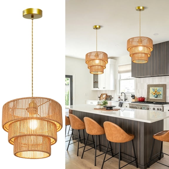 Boho Rattan Pendant Light, 11.8" 3-Tier Woven Hemp Rope Chandelier, Adjustable Height Gold Ceiling Light Fixture, E26 Base, Farmhouse Pendant Lighting for Kitchen Island Dining Room Bedroom Hallway