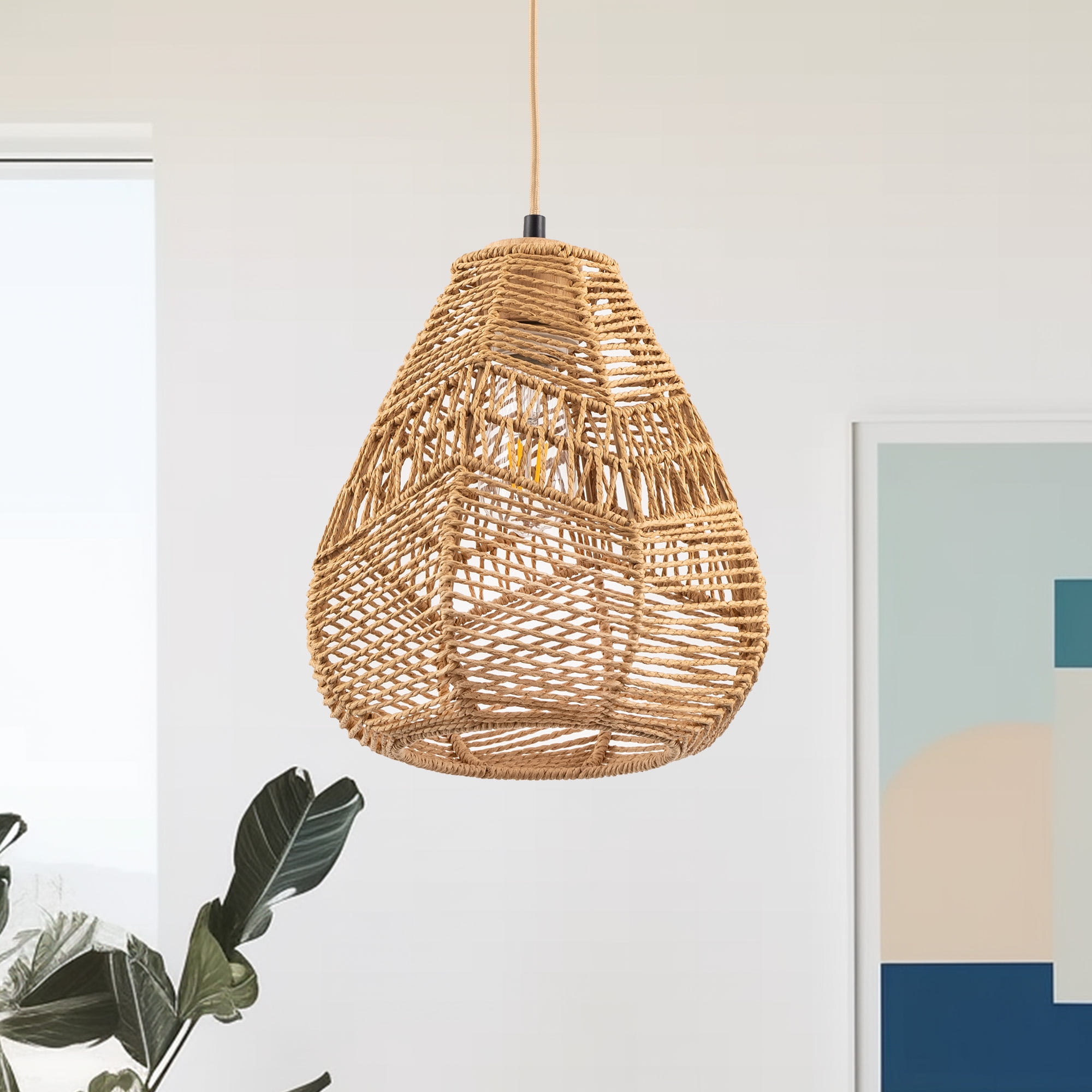 Boho Rattan Pendant Light - Hanging Lamps Rattan Pendant Light Adjustable Hanging Lamp with Plug-In Cord for Bedroom, Kitchen, Living Room