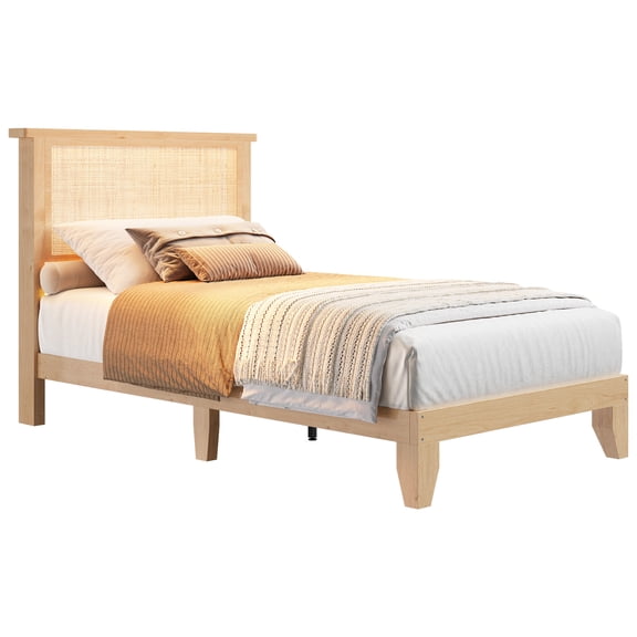 Boho Rattan Platform Bed Frame with LED Light, Natural Rattan Headboard, Solid Wood Slat Support, No Box Spring Needed - Underbed Storage, Twin
