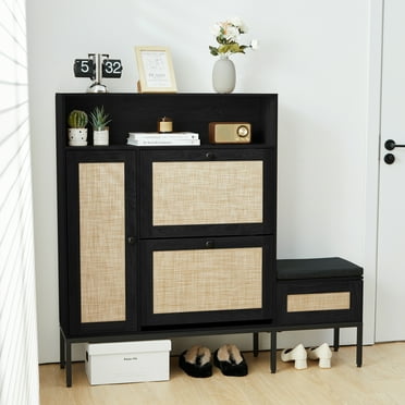 Boho Rattan Shoe Cabinet and Shoe Bench, Black Shoe Storage Cabinet with 2 Flip Drawers, Freestanding Shoe Rack Storage Organizer Bench for Hallway Entryway Bedroom