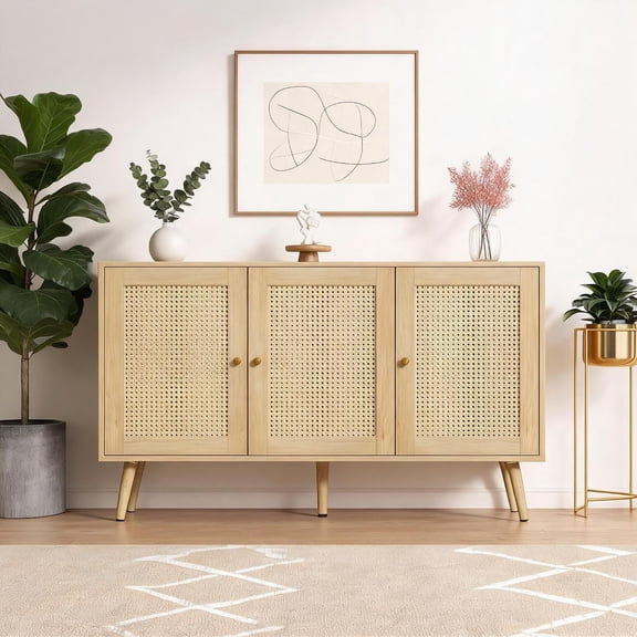 Boho Rattan Sideboard Buffet Cabinet with 3 Doors, Adjustable Shelves, Anti-Tip Kit, Entryway Console Table for Dining Room, Kitchen, Coffee BarNatural