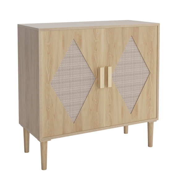 Boho Rattan Sideboard Buffet Cabinet 31.5" Light Wood, Diamond Weave, Adjustable Shelves, 2-Door Storage for Dining Room, Living Room, Kitchen, Entryway Wood Color