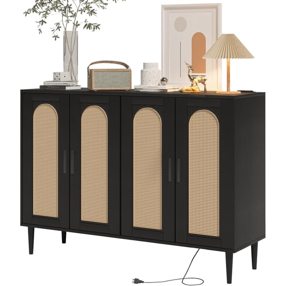 Boho Rattan Sideboard Buffet Cabinet with Power Outlet – 4 Door Storage Console Table – Adjustable Shelves – Entryway, Dining Room, Hallway, Living Room, Coffee Bar – Black