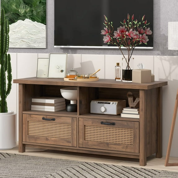 Boho Rattan TV Stand for 55 Inch TV, Boho Entertainment Center with Storage, Rattan TV Console Table with 2 Drawers and 4 Cable Holes for Living Room, Walnut