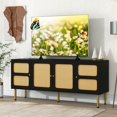 thumbnail image 1 of Boho Rattan TV Stand for 70 Inch TV, Boho Entertainment Center with Storage, Modern Rattan TV Console with Adjustable Shelves and Gold Metal Base for Living Room, Black, 1 of 9