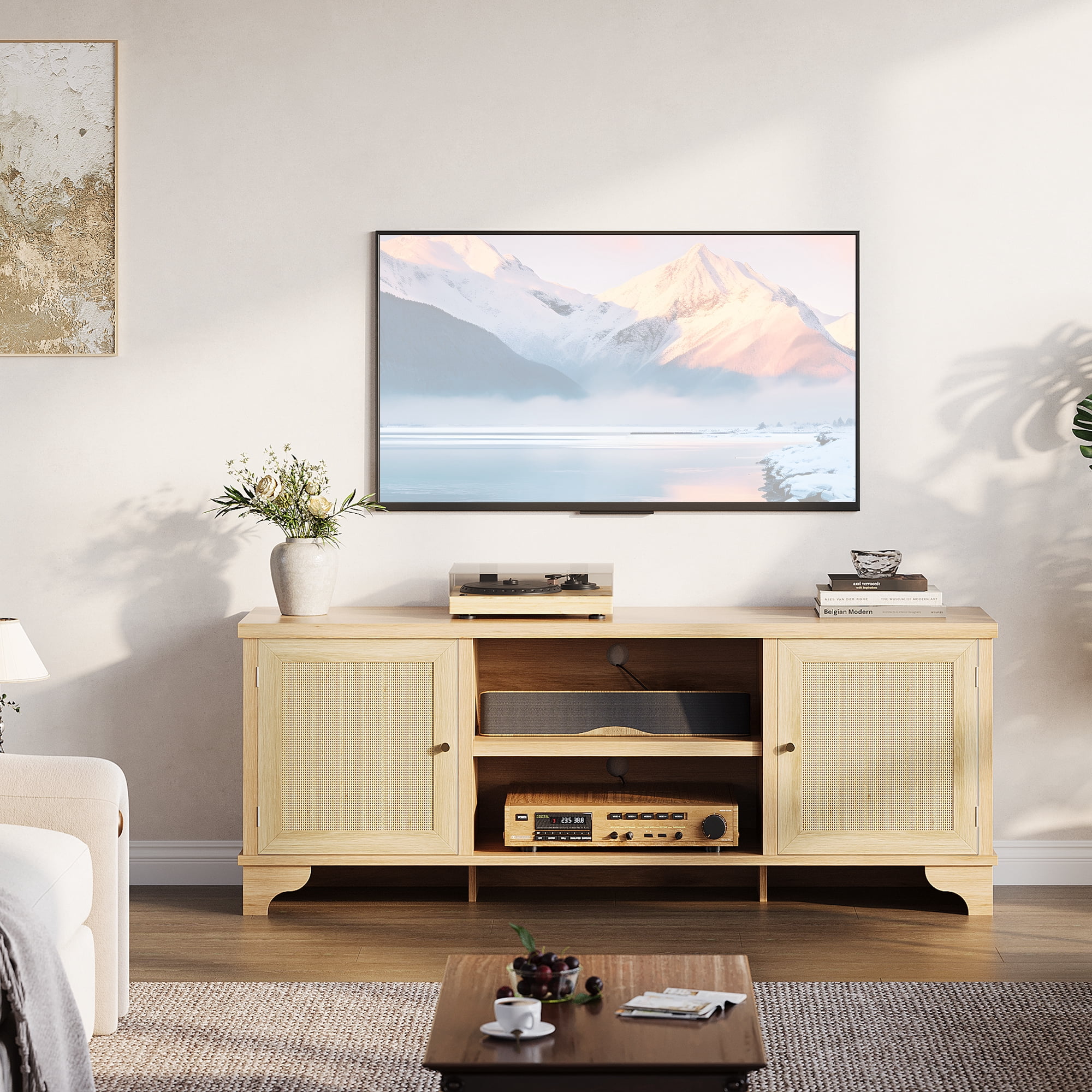 Boho Rattan TV Stand Fits TVs Up to 65 Inches, Farmhouse Entertainment ...