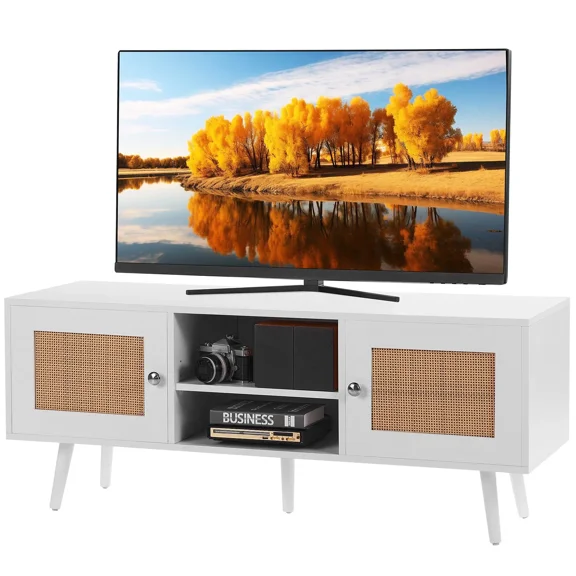 Boho Rattan TV Stand for 55 Inch TV,Mid Century Modern Design with Adjustable Shelves,Stylish White Rattan TV Cabinet for Living Room and Media Room