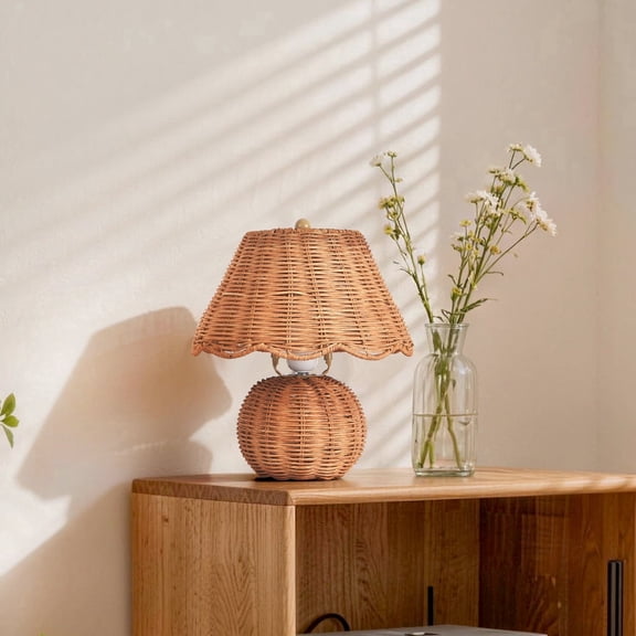 Boho Rattan Table Lamp, 11.81" Natural Hand-Woven Wicker Bedside Lamp, Farmhouse Rustic Nightstand Lamp for Bedroom, Living Room, Kids Room & Office Decor