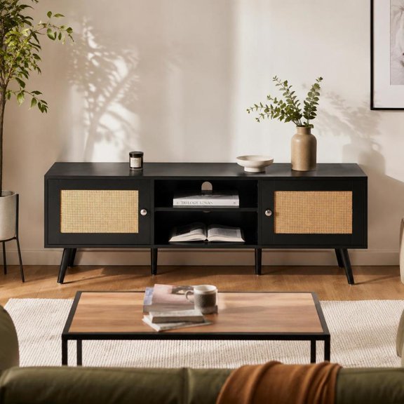 Boho Rattan Tv Stand for 65 Inch Tv with Usb Ports and Built-in Socket, Black Media Console