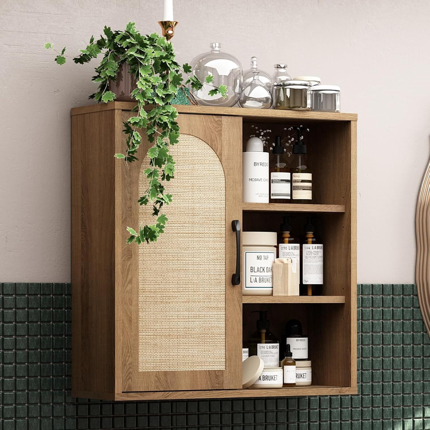 Boho Rattan Wall Cabinet, Midcentury Bathroom Cabinet with Sliding Door ...