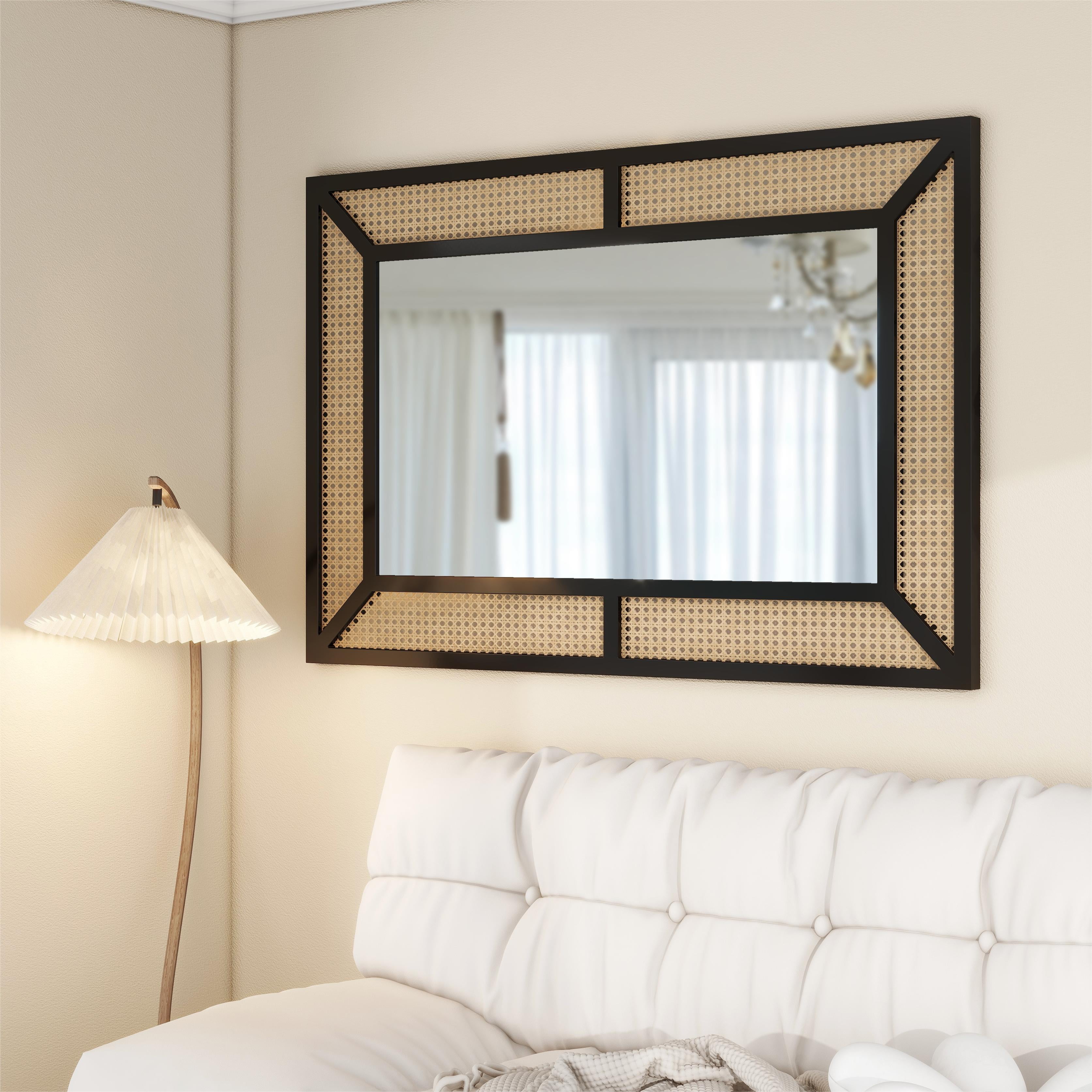 Boho Rattan Wall Mirror Modern Decorative Rectangle Wall Mirror Natural