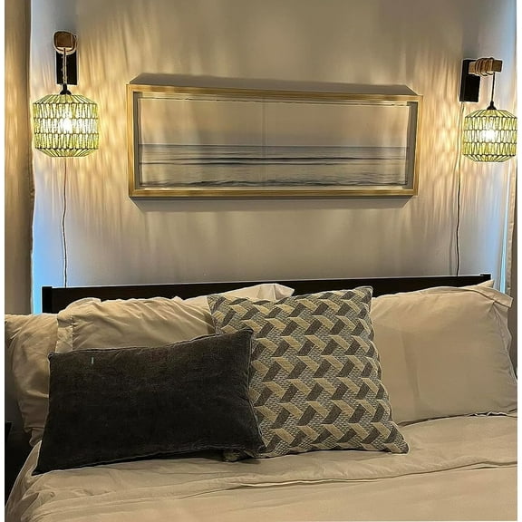 Boho Rattan Wall Sconce Set of Two for Bedroom and Living Room - Rustic Wicker Light with Adjustable LED Bulbs