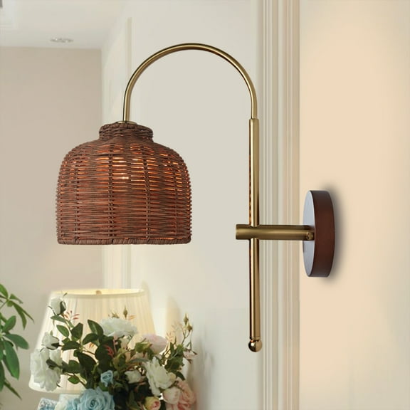 Boho Rattan Wall Sconces, Metal Arm with Rattan Shade for Vanity Stairway Fireplace Living Room Bedside Passway Hallway