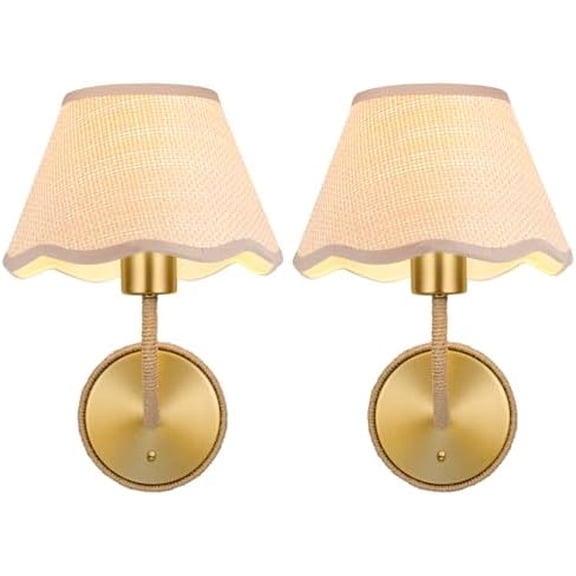 Boho Rattan Wall Sconces Set of Two Brass Wall Lamp Farmhouse Wall Mount Light Hardwired Wall Sconces Lighting for Bedroom Living Room Hallway Vanity$$Tools & Hardware Other