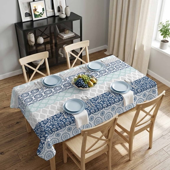 Boho Rectangle Tablecloth 52x70 Inch Bohemian Geometric Stripes Teal Grey Waterproof Polyester Tablecloth for Dining Table, Washable Table Cover for Kitchen Dining Room Wedding,Stain Resistant