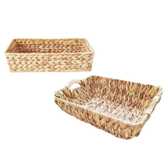 Boho Rectangular Water Hyacinth Woven Basket, Natural Rattan Storage Tray with Wooden Handles for Home Organization & Decor