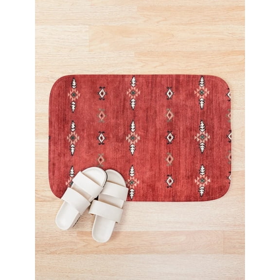 Boho Red Bath Mat, Moroccan Inspired Geometric Pattern Bathroom Rug, Rounded Rectangle Floor Mat, 15.7 x 23.6 or 19.7 x 31.5 in