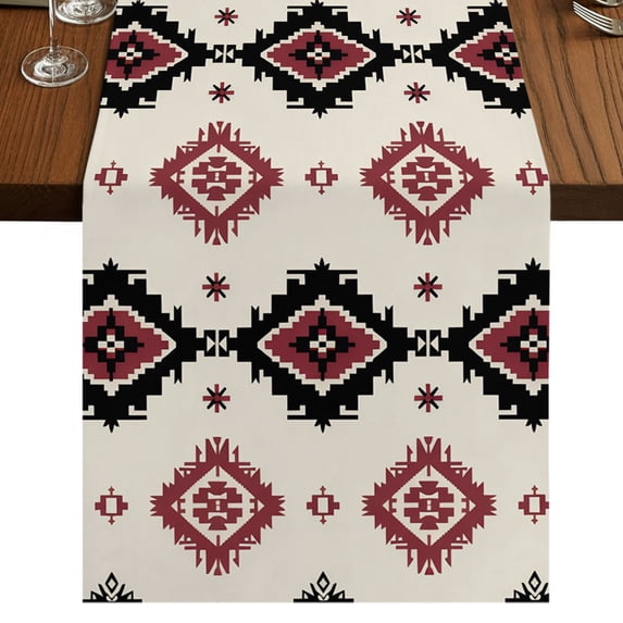 Boho Red Black Burlap Cotton Table Runner 13x120 Inches Long, Modern ...