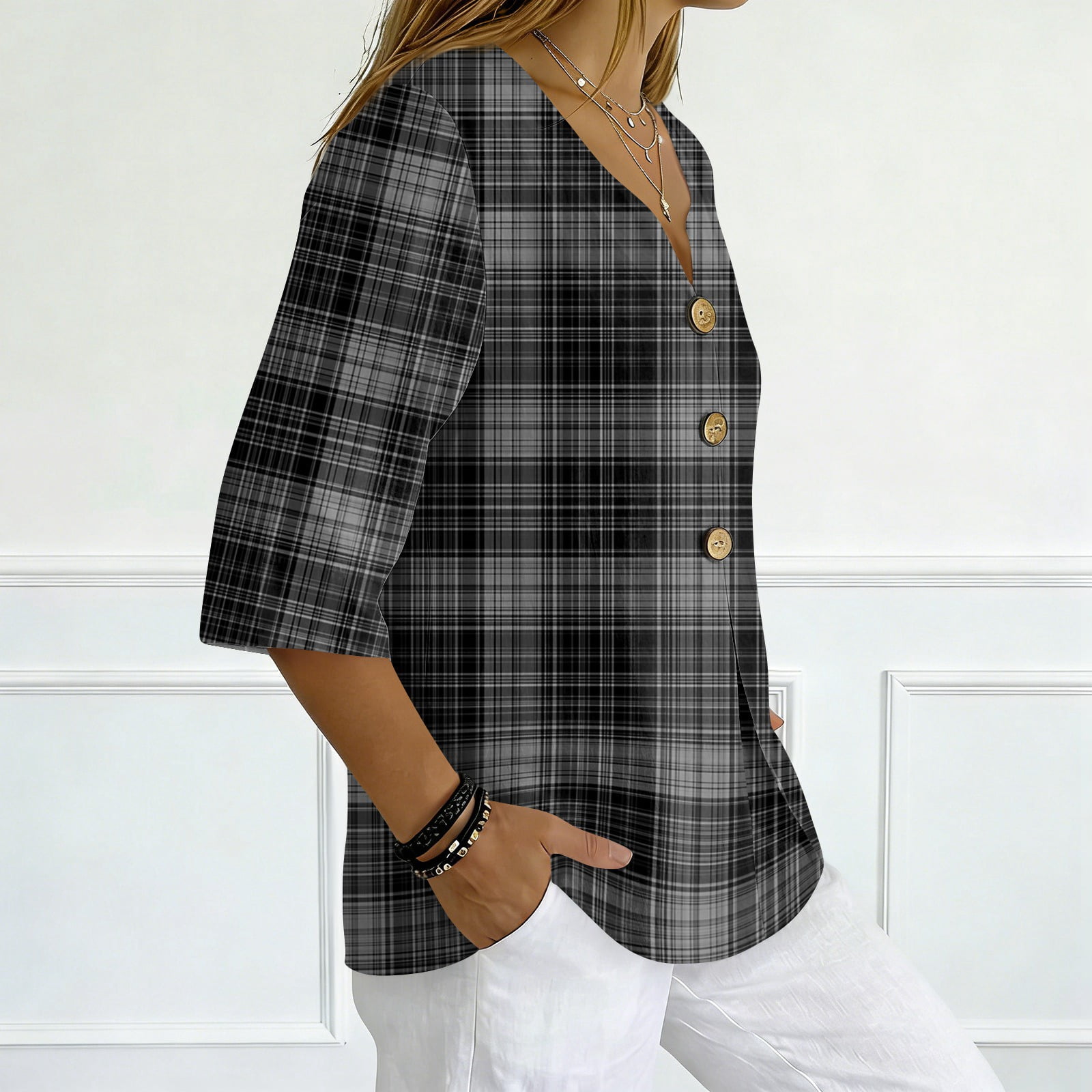 Boho Red Black Plaid V Neck T Shirts for Women Cotton Linen 3/4 Sleeve ...