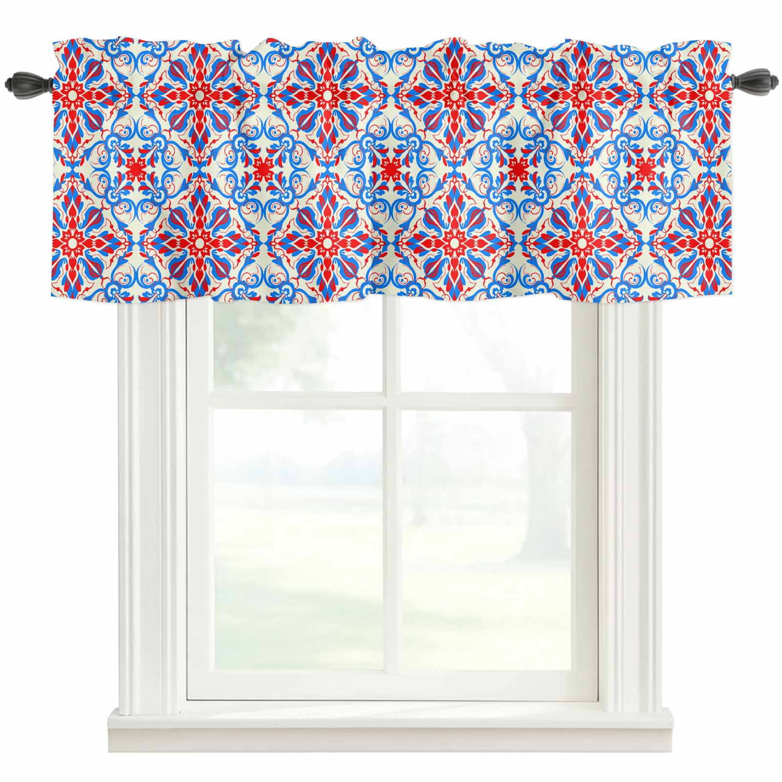 Boho Red Blue Flower Window Valance Curtain Abstract BohemianStyle Rod ...
