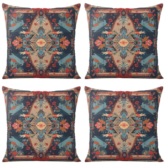 Boho Red and Blue Pattern Ethnic Design Farmhouse Throw Pillow Covers 18 X 18 Inch, Set Of 4, Linen Study Sofa Cushion Cover Indoor Living Room Home Decor