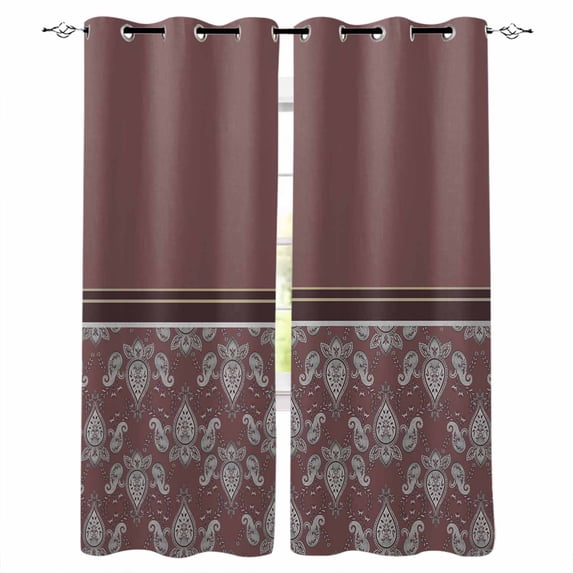 Boho Red Brown Flower Blackout Curtains 45 Inches Long, Kitchen Black Out Window Treatments, Abstract Bohemia Pesley Floral Thermal Insulated Lined Drapes for Small Window with Grommet 42"x45"