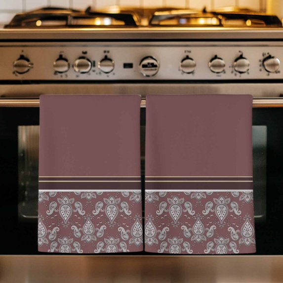 Boho Red Brown Flower Kitchen Towels Set of 2, Abstract Bohemia Pesley Floral Absorbent Dish Towels for Kitchen, Microfiber Hand Towel, Quick Drying Tea Towel for Cleaning Decorative Dishcloths