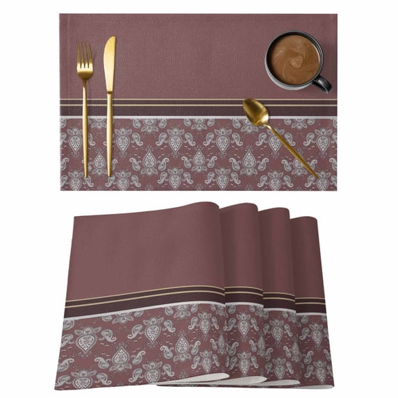 Boho Red Brown Flower Placemats Set of 12, Abstract Bohemia Pesley Floral Placemats for Dining Table, Place Mats for Kitchen Tabletop, Waterproof Wipeable Dining Table Mats Set