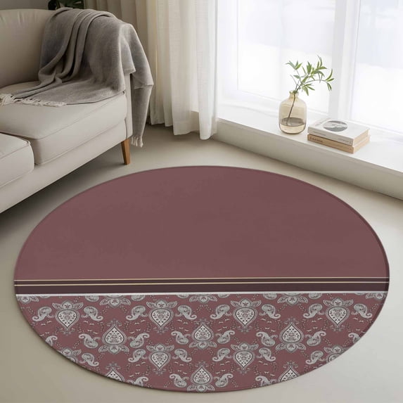 Boho Red Brown Flower Round Area Rug 3Ft Washable Small Circle Rugs for Kitchen Entryway, Abstract Bohemia Pesley Floral Non-Slip Carpet Floor Mats Indoor Outdoor Carpet Runner Aesthetic Home Decor