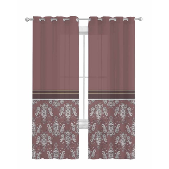 Boho Red Brown Flower Sheer Curtains 63 Inch Length 2 Panels Set for Living Room/Bedroom, Abstract Bohemia Pesley Floral Kitchen Curtains Grommet Semi-Sheer Curtains Window Treatments 42"x63"x2