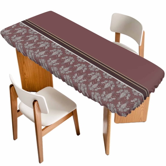 Boho Red Brown Flower Table Cloths for 8 Foot Rectangle Tables, Abstract Bohemia Pesley Floral Patio Waterproof Elastic Fitted Tablecloths, Washable Rectangular Table Cover for Camping
