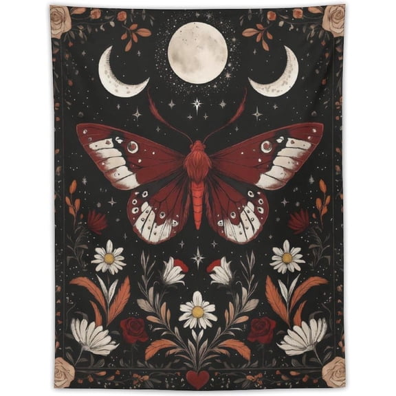 Boho Red Butterfly Tapestry Wall Hanging Retro Hippie Moon Wildflower Tapestries Mystic Celestial Art Moth Wall Tapestry for Bedroom Living Room Dorm Decor 30x40inch