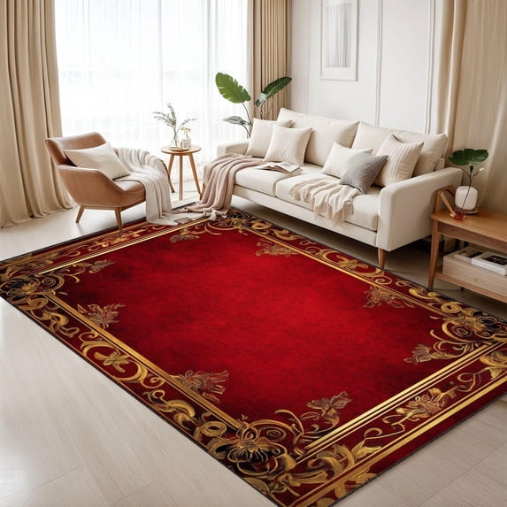 Boho Red Chinese Area Rug, Gold Decorative Pattern Carpet, Washable Non ...