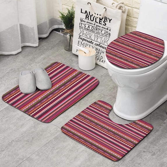 Boho Red Colorful Striped Ethnic Pattern Bathroom Rugs Sets 3 Piece,Toilet Cover Set,Absorbent Non Slip Bathroom Mats Sets with U-Shaped Contour Rug Toilet Rug Set