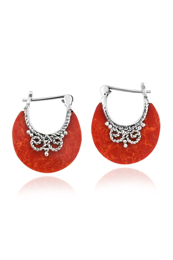 Boho Red Coral Bohemian Hoop Lock Retro Sterling Silver Earrings