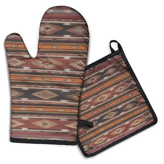 Boho Red Ethnic Pattern with Diamond Motifs Kitchen Oven Mitt and Pot Holder Sets 2 Pcs for Baking, Cooking and Grilling, Heat Resistant Up To 392 °F