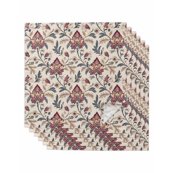 Boho Red Floral Cloth Napkins Set of 6 Reusable Dinner Napkins, Farmhouse Rustic Flower Leaf Plant Cocktail Napkin Washable Table Napkins for Wedding/Holiday Party/Baby Shower 20"x20"