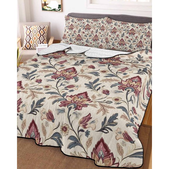 Boho Red Floral Full Size Down Alternative Comforter, Lightweight Comforter Quilt Bedding Set with Pillow Shams Farmhouse Rustic Flower Leaf Plant All Seasons Bed Comforter Duvet Insert 78"x90"