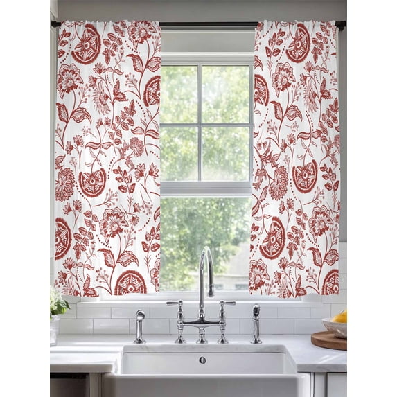 Boho Red Floral Sheer Curtains for Living Room Bedroom Vintage Farmhouse Paisley Plant Leaf Sheer Curtains 63 Inch Long 2 Panels Set Light Filtering Curtain Window Treatments Drapes for Dining Room