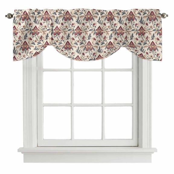 Boho Red Floral Tie Up Valance Curtains for Windows, Kitchen Curtains Window Treatments, Farmhouse Rustic Flower Leaf Plant Short Window Shades Valances for Bedroom Bathroom Cafe 42"x18"
