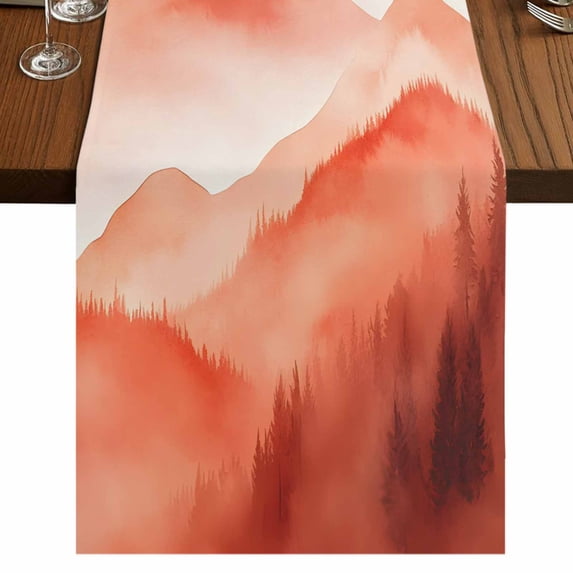 Boho Red Forest 108 Inch Table Runner, Modern Watercolor Mountains Trees Farmhouse Dresser Scarf Cotton & Linen Tablerunner for Dining/Kitchen Island/Holiday Party Décor 13" x 108"