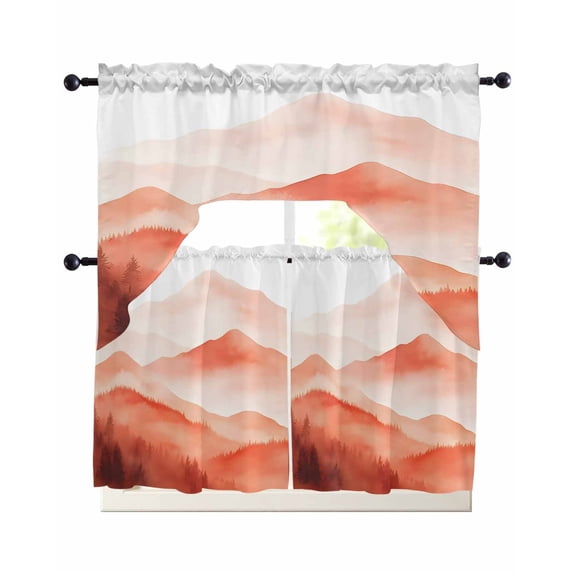 Boho Red Forest Swag Kitchen Curtains Sets for Windows 24 Inch Length, Modern Watercolor Mountains Trees Short Window Curtain Panels Swags Valances and Tiers 3 Piece Set for Cafe/Dining Room