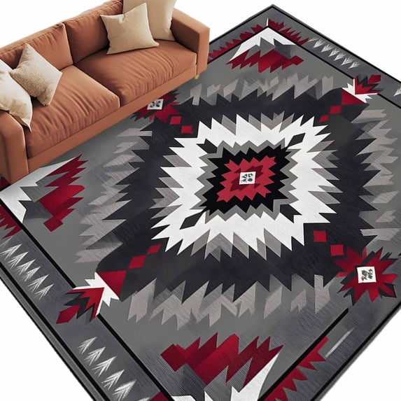Boho Red Grey Large Area Rugs for Bedroom Living Room, Soft Non Slip Carpet Bedside Rug, Geometric Southwestern Retro Ethnic Rectangular Floor Cover Kitchen Accent Rug 8'x10' for Dining Room/Office