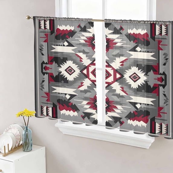 Boho Red Grey Sheer Curtains 54 Inch Length 2 Panels Set, Vintage Geometric Southwestern Ethnic Voile Window Treatment Rod Pocket Short Kitchen Curtains Drapes for Bedroom 52"x54"x2