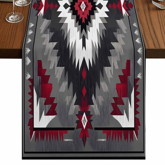 Boho Red Grey Short Table Runner 36 Inches Long,Geometric Southwestern Retro Ethnic Cotton Linen Table Runners Dresser Scarves,Fabric Tabletop Scarf Furniture Cover for Home Dinner Party 13"x36"