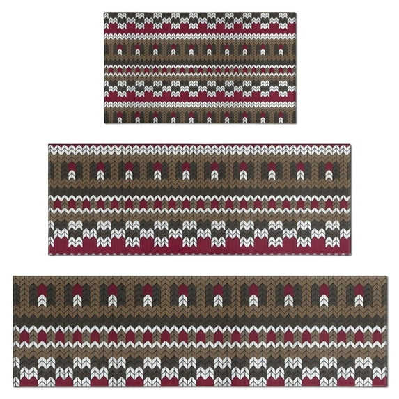Boho Red Knitted Ethnic Pattern Kitchen Rugs Sets Of 3,Kitchen Runner Rugs Non Skid Washable,Decorative Kitchen Floor Mats for Kitchen,Sink,Laundry,17"x30"+ 17"x47" + 17"x59"